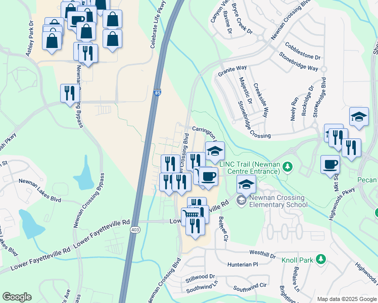 map of restaurants, bars, coffee shops, grocery stores, and more near 20 October Avenue in Newnan