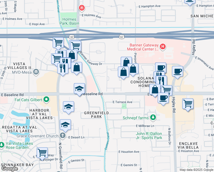 map of restaurants, bars, coffee shops, grocery stores, and more near 4680 East Baseline Road in Mesa