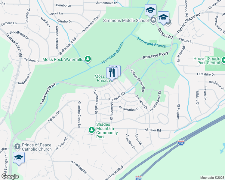 map of restaurants, bars, coffee shops, grocery stores, and more near 4212 Memorial Park Circle in Hoover