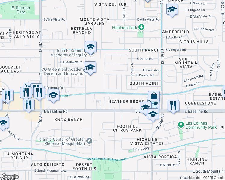 map of restaurants, bars, coffee shops, grocery stores, and more near 1231 East Fremont Road in Phoenix