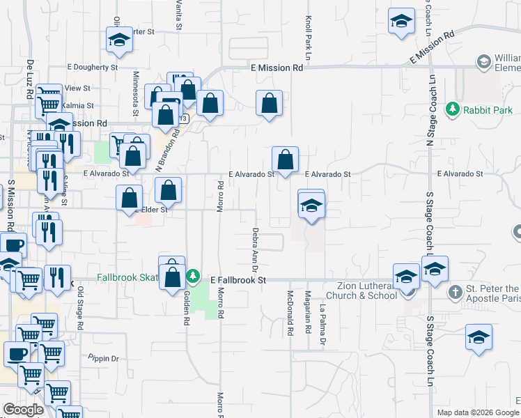 map of restaurants, bars, coffee shops, grocery stores, and more near 426 Debra Ann Drive in Fallbrook