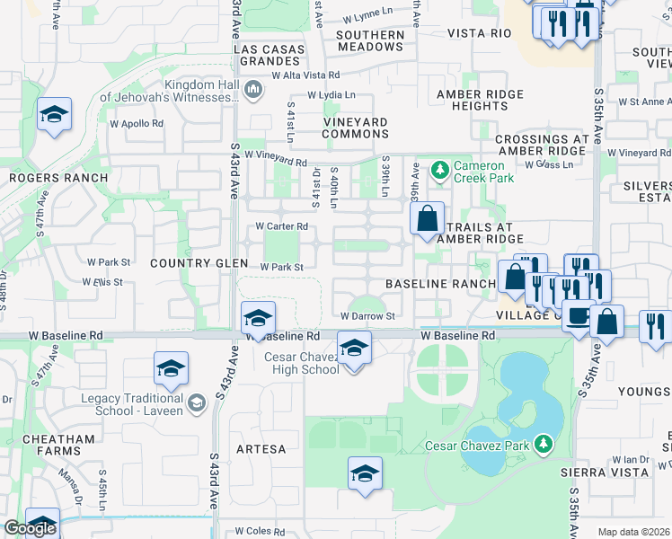 map of restaurants, bars, coffee shops, grocery stores, and more near 4033 West Park Street in Phoenix