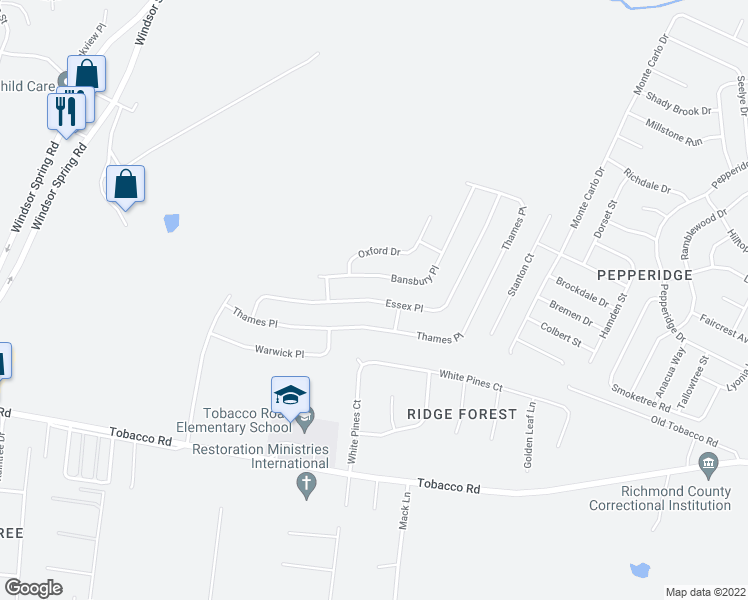 map of restaurants, bars, coffee shops, grocery stores, and more near 3438 Essex Place in Hephzibah