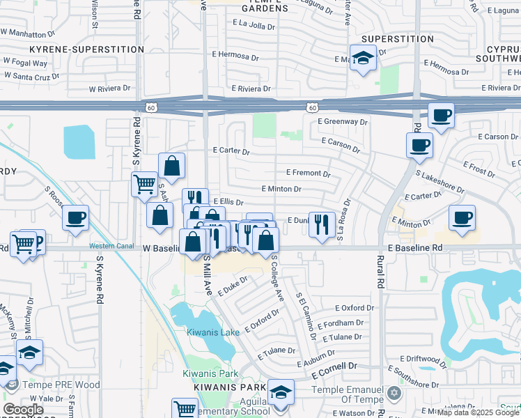 map of restaurants, bars, coffee shops, grocery stores, and more near 221 East Ellis Drive in Tempe