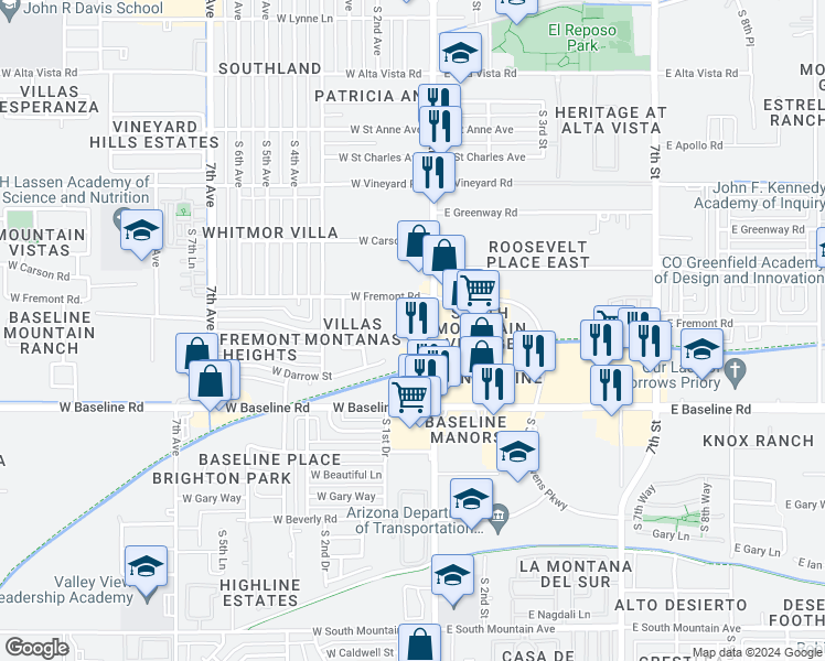 map of restaurants, bars, coffee shops, grocery stores, and more near 7236 South Central Avenue in Phoenix