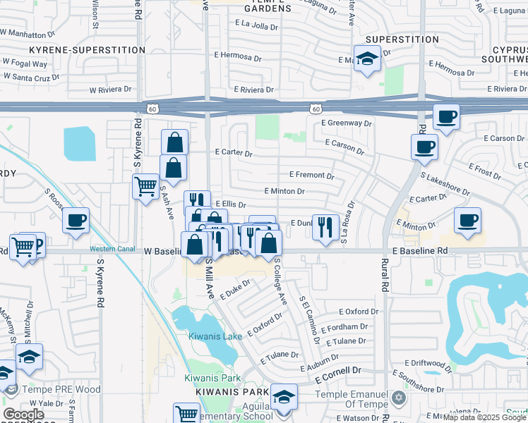 map of restaurants, bars, coffee shops, grocery stores, and more near 221 East Ellis Drive in Tempe
