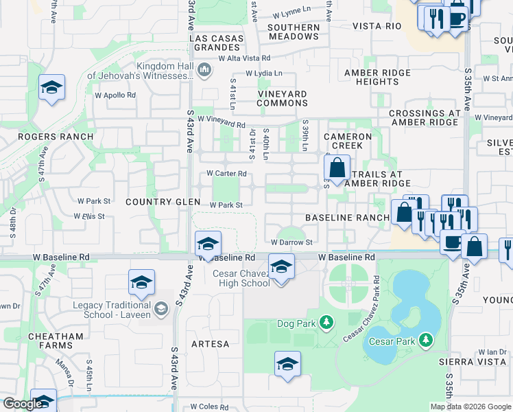 map of restaurants, bars, coffee shops, grocery stores, and more near 7218 South 41st Drive in Phoenix