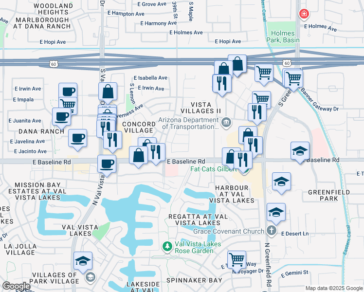 map of restaurants, bars, coffee shops, grocery stores, and more near 91 East Inverness Avenue in Mesa