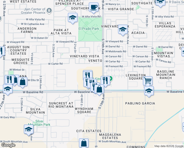 map of restaurants, bars, coffee shops, grocery stores, and more near 1980 West Baseline Road in Phoenix