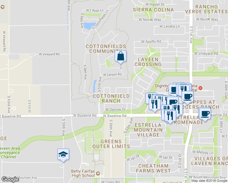 map of restaurants, bars, coffee shops, grocery stores, and more near 7216 South 56th Avenue in Laveen