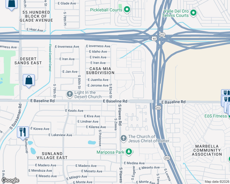 map of restaurants, bars, coffee shops, grocery stores, and more near 1863 South 82nd Place in Mesa