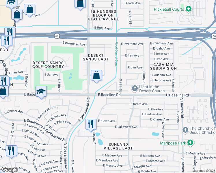 map of restaurants, bars, coffee shops, grocery stores, and more near 1831 South 77th Street in Mesa