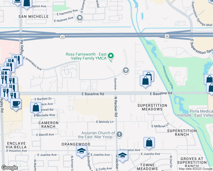 map of restaurants, bars, coffee shops, grocery stores, and more near East Inverness Avenue in Mesa
