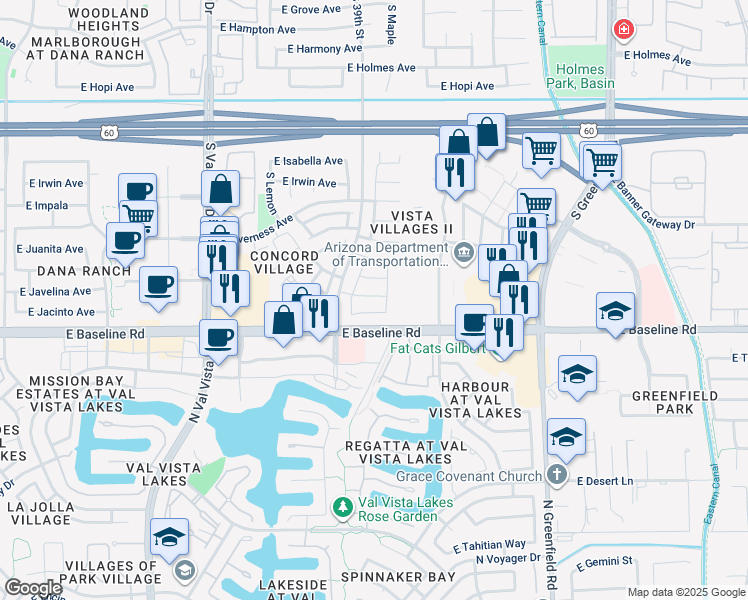 map of restaurants, bars, coffee shops, grocery stores, and more near 91 East Inverness Avenue in Mesa