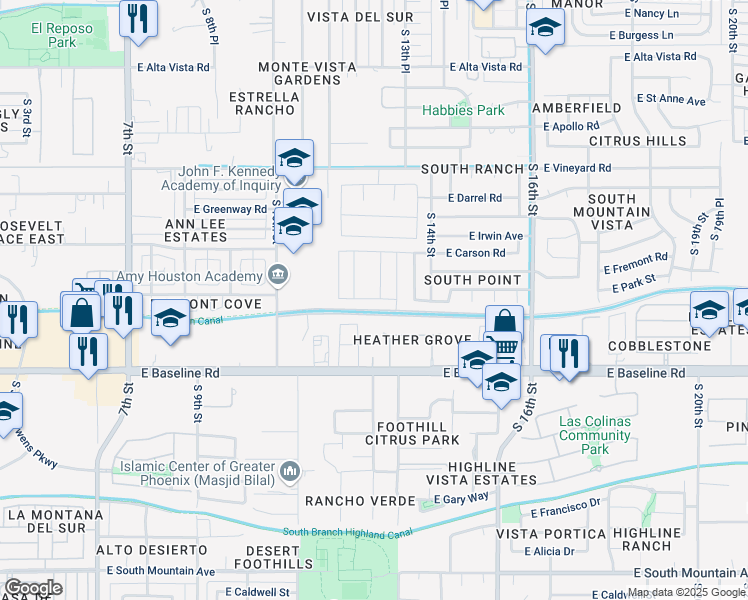 map of restaurants, bars, coffee shops, grocery stores, and more near 7225 South 12 Place in Phoenix