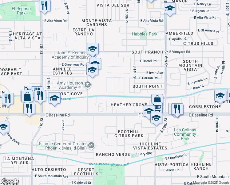 map of restaurants, bars, coffee shops, grocery stores, and more near 7225 South 12 Place in Phoenix