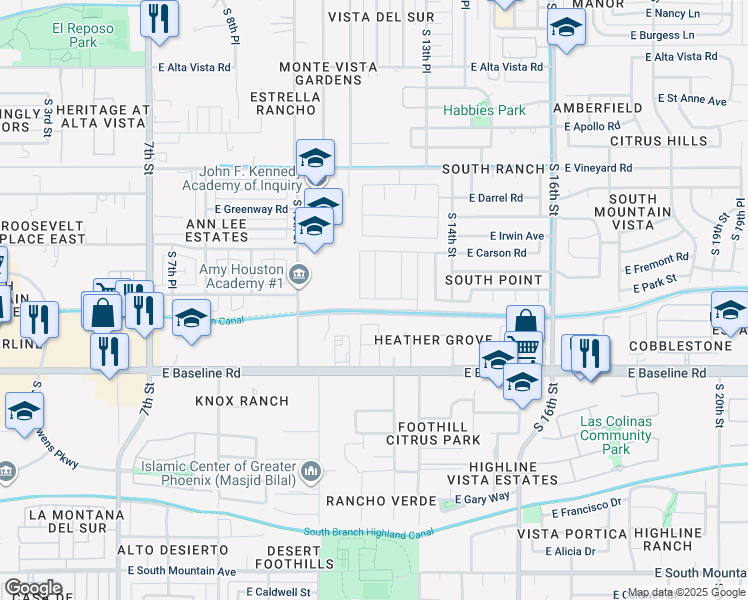 map of restaurants, bars, coffee shops, grocery stores, and more near 7225 South 12 Place in Phoenix