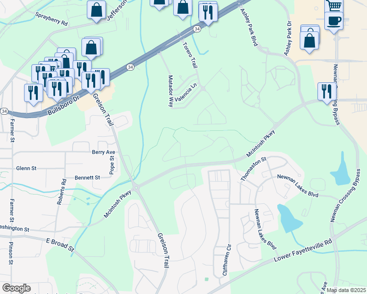 map of restaurants, bars, coffee shops, grocery stores, and more near 106 Torero Trail in Newnan