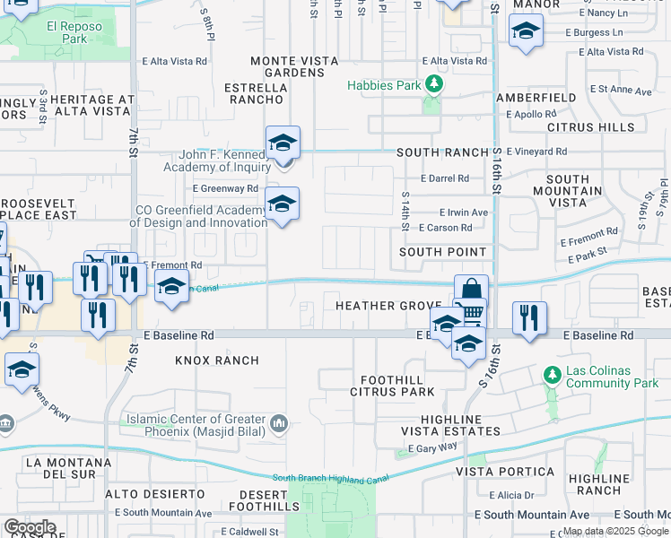 map of restaurants, bars, coffee shops, grocery stores, and more near 1235 East Fremont Road in Phoenix