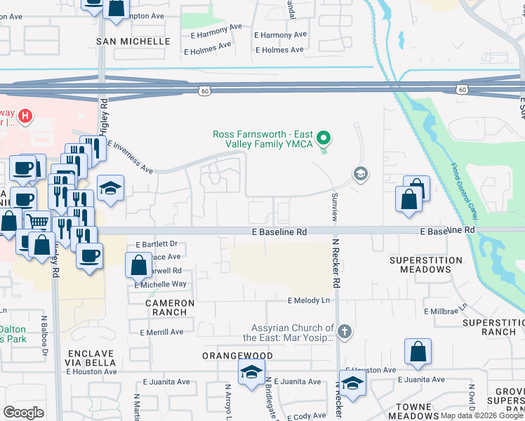 map of restaurants, bars, coffee shops, grocery stores, and more near 5652 East Baseline Road in Mesa