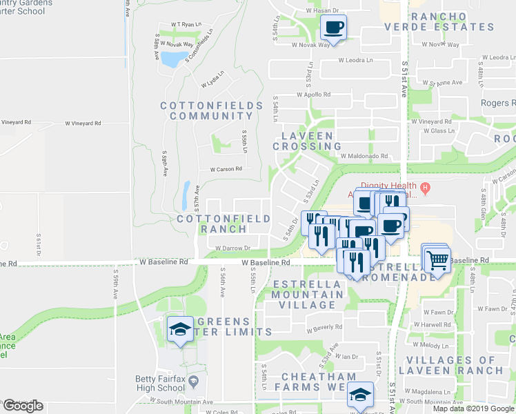 map of restaurants, bars, coffee shops, grocery stores, and more near 7212 South 55th Drive in Phoenix