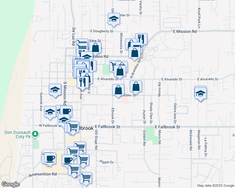 map of restaurants, bars, coffee shops, grocery stores, and more near 502 East Elder Street in Fallbrook