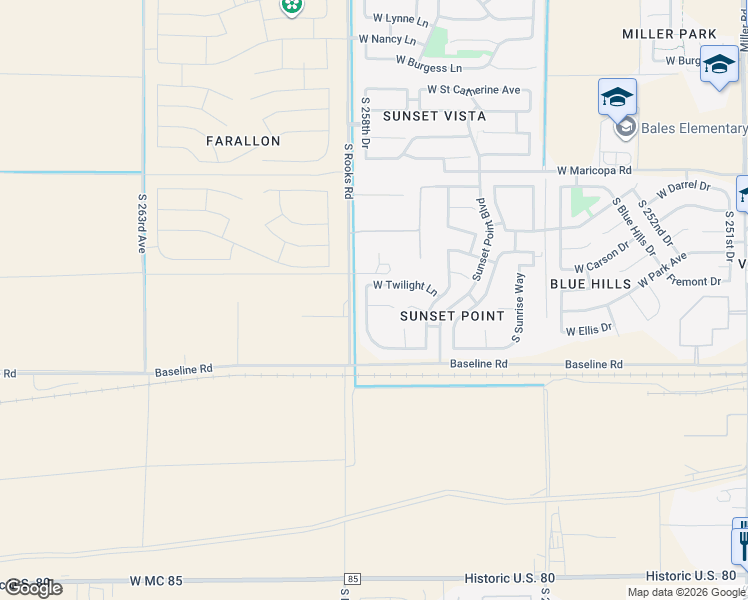 map of restaurants, bars, coffee shops, grocery stores, and more near 25856 West Twilight Lane in Buckeye