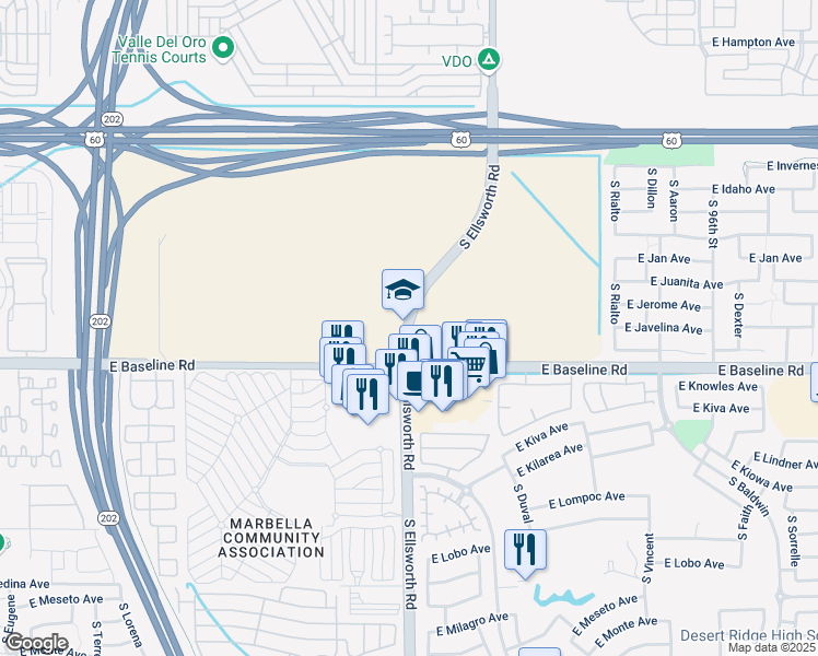 map of restaurants, bars, coffee shops, grocery stores, and more near South Ellsworth Road in Mesa