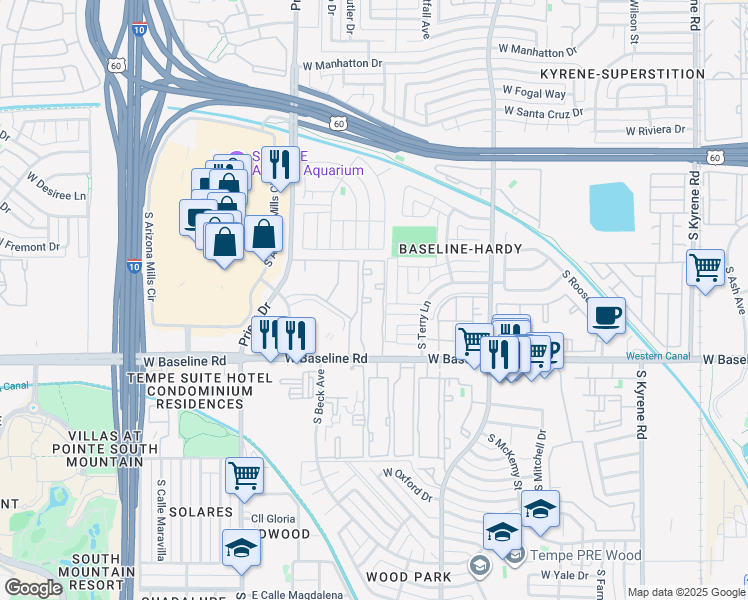 map of restaurants, bars, coffee shops, grocery stores, and more near 1222 West Baseline Road in Tempe