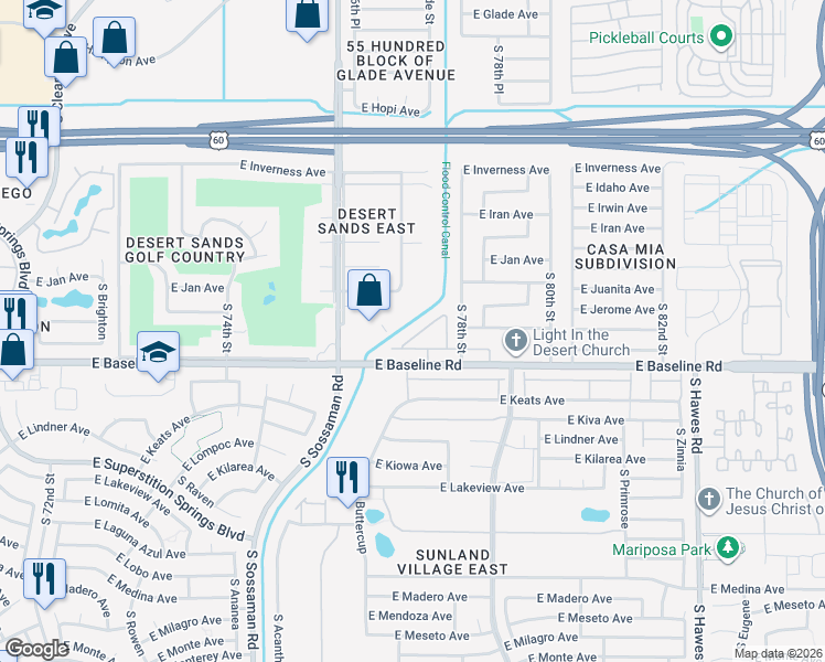 map of restaurants, bars, coffee shops, grocery stores, and more near 1831 South 77th Street in Mesa