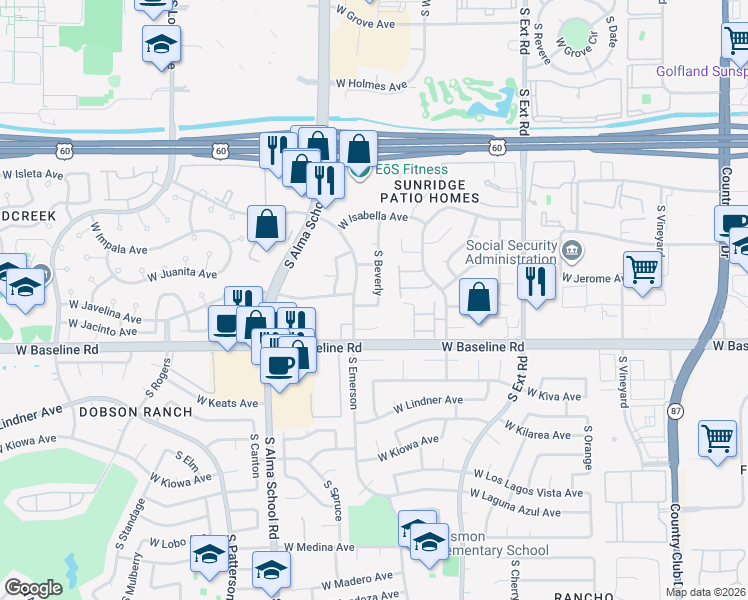 map of restaurants, bars, coffee shops, grocery stores, and more near 1918 South Beverly in Mesa