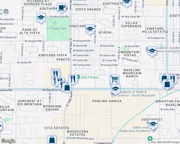 map of restaurants, bars, coffee shops, grocery stores, and more near 1724 West Pollack Street in Phoenix