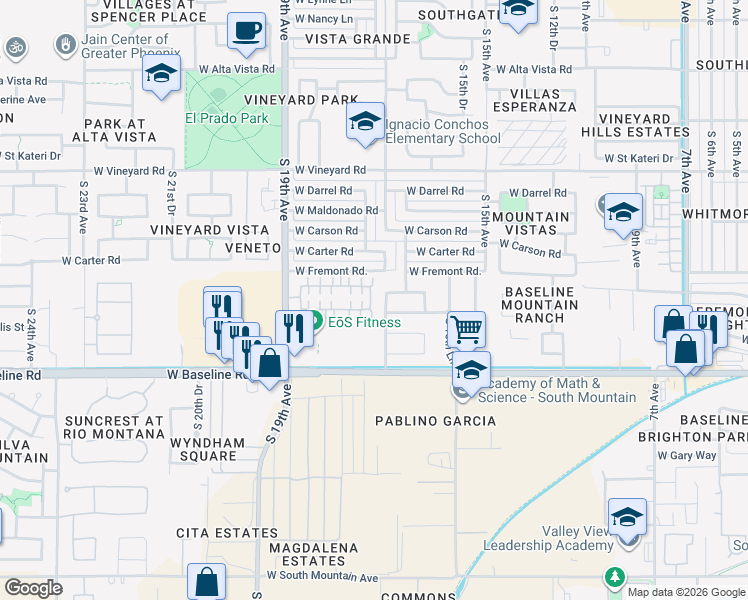 map of restaurants, bars, coffee shops, grocery stores, and more near 7305 South 17th Drive in Phoenix