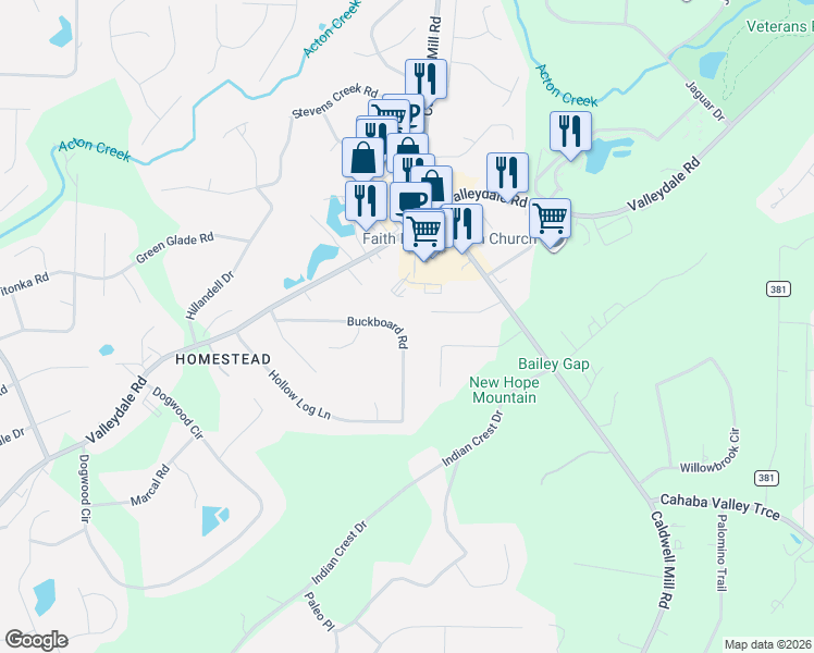 map of restaurants, bars, coffee shops, grocery stores, and more near 2644 Buckboard Road in Birmingham
