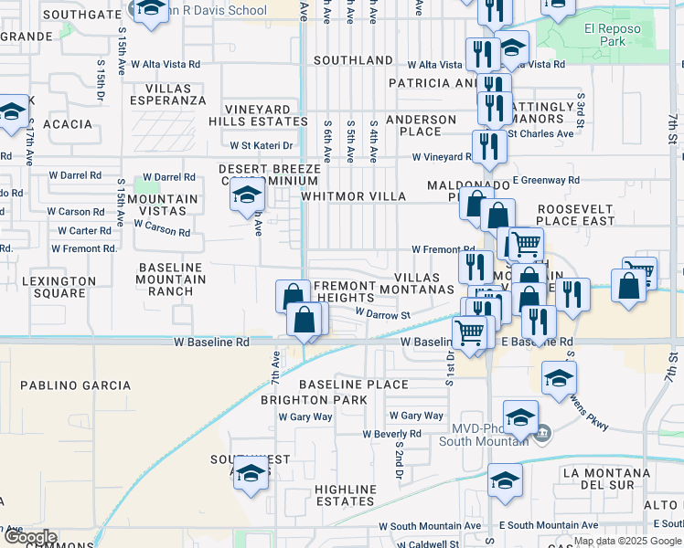 map of restaurants, bars, coffee shops, grocery stores, and more near 507 West Minton Street in Phoenix