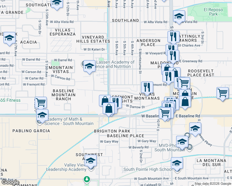 map of restaurants, bars, coffee shops, grocery stores, and more near 617 West Fremont Road in Phoenix