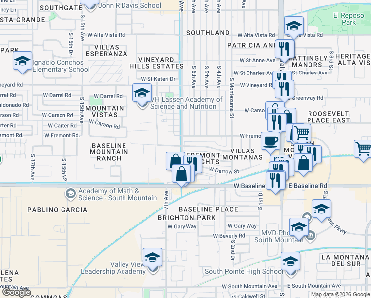 map of restaurants, bars, coffee shops, grocery stores, and more near 617 West Fremont Road in Phoenix