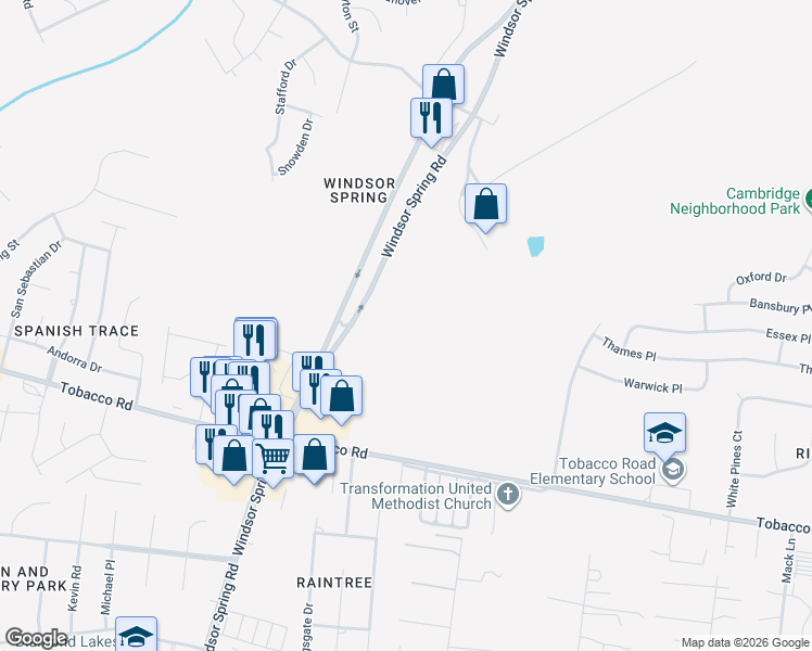 map of restaurants, bars, coffee shops, grocery stores, and more near 3630 Windsor Spring Road in Hephzibah