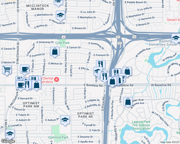 map of restaurants, bars, coffee shops, grocery stores, and more near 2084 East Ellis Drive in Tempe