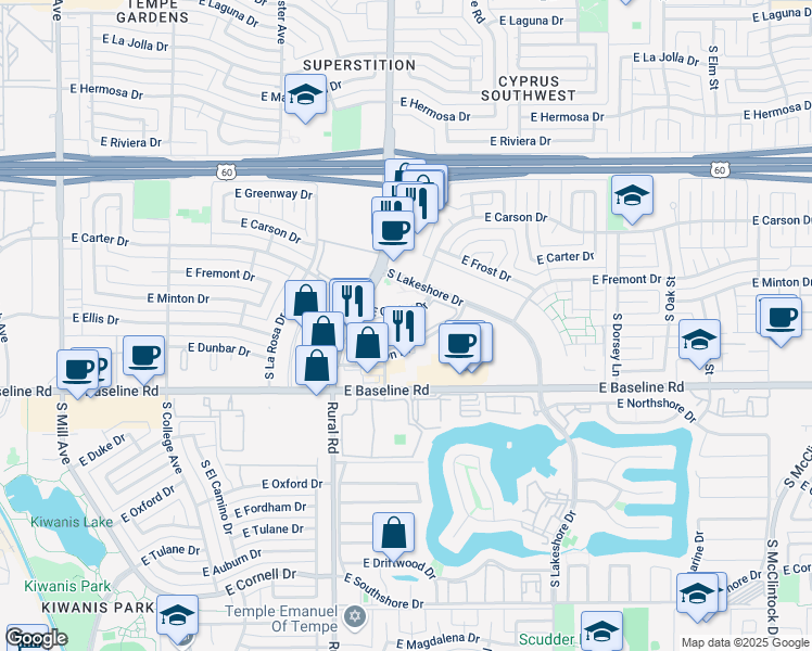 map of restaurants, bars, coffee shops, grocery stores, and more near 4630 South Lakeshore Drive in Tempe