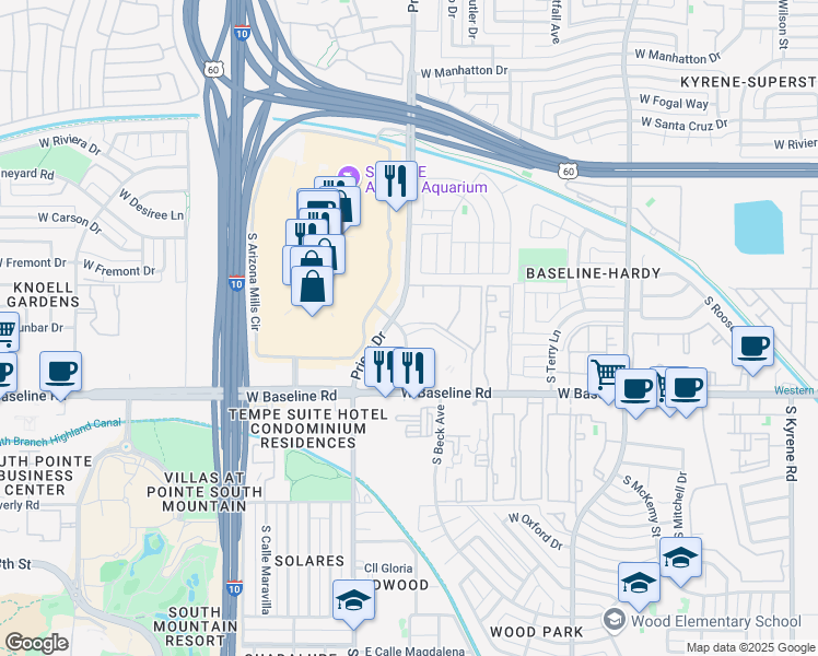 map of restaurants, bars, coffee shops, grocery stores, and more near 5015 South Arizona Mills Circle in Tempe