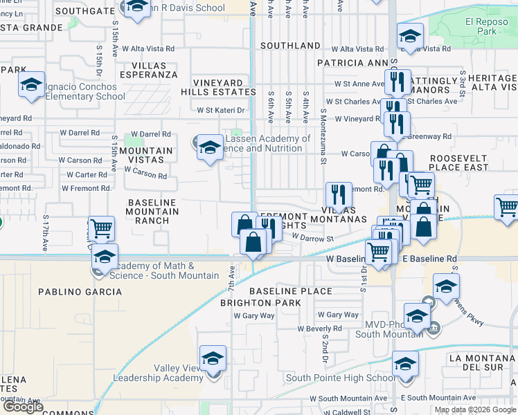 map of restaurants, bars, coffee shops, grocery stores, and more near 617 West Fremont Road in Phoenix