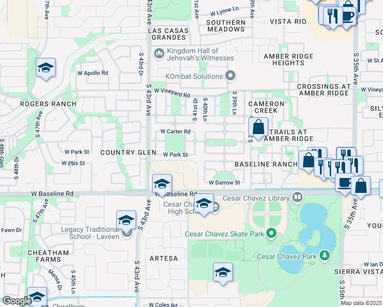 map of restaurants, bars, coffee shops, grocery stores, and more near 7218 South 41st Drive in Phoenix