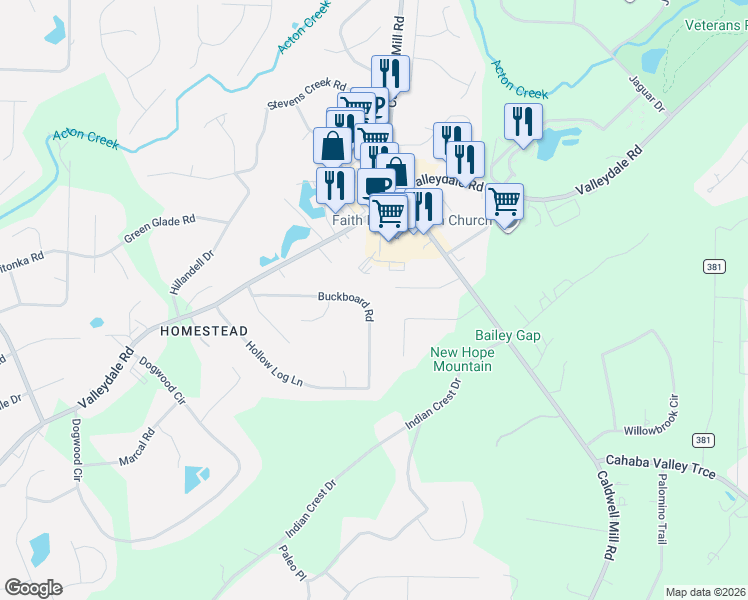 map of restaurants, bars, coffee shops, grocery stores, and more near 2644 Buckboard Road in Birmingham