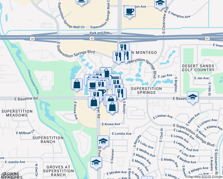 map of restaurants, bars, coffee shops, grocery stores, and more near 1915 South Power Road in Mesa