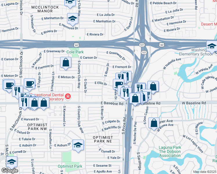 map of restaurants, bars, coffee shops, grocery stores, and more near 2084 East Ellis Drive in Tempe