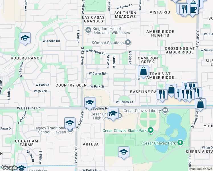 map of restaurants, bars, coffee shops, grocery stores, and more near 7218 South 41st Drive in Phoenix