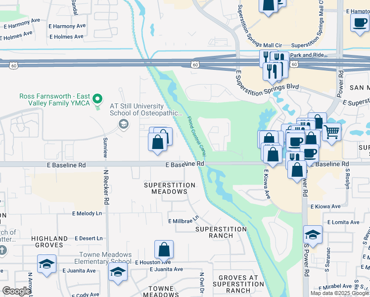 map of restaurants, bars, coffee shops, grocery stores, and more near 6136 East Baseline Road in Mesa