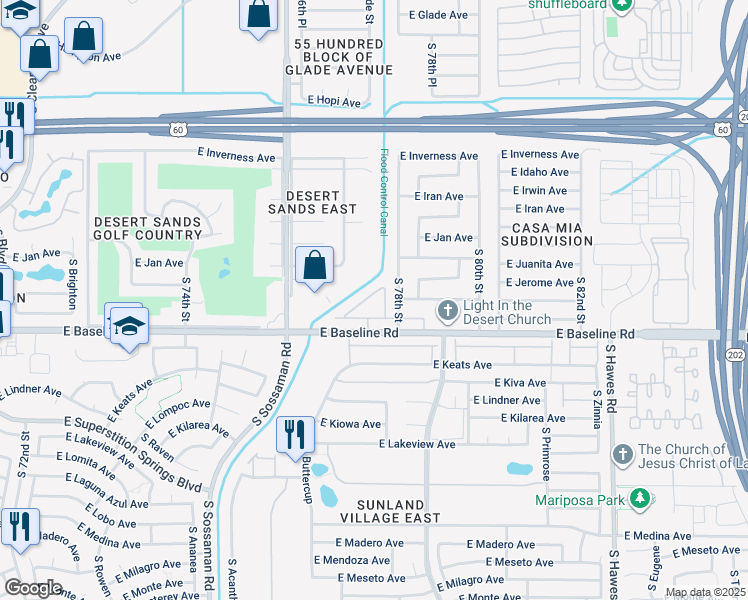 map of restaurants, bars, coffee shops, grocery stores, and more near 7726 East Baseline Road in Mesa