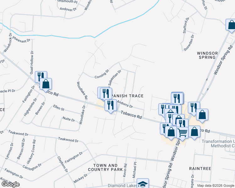 map of restaurants, bars, coffee shops, grocery stores, and more near 3601 Andorra Court in Hephzibah